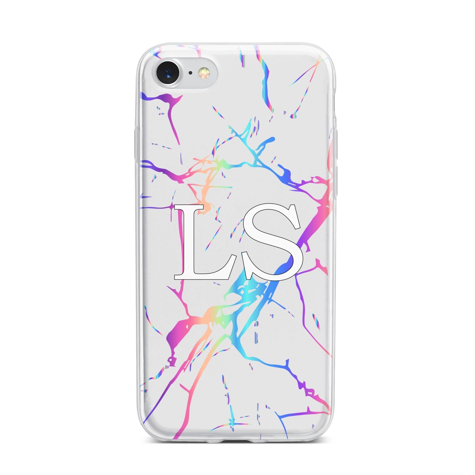 Personalised White Holographic Marble Initials iPhone 7 Bumper Case on Silver iPhone