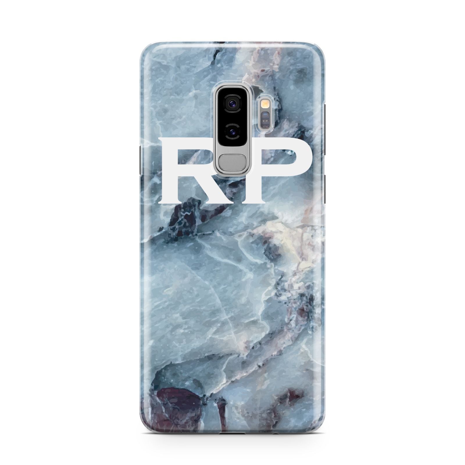 Personalised White Initials Marble Samsung Galaxy S9 Plus Case on Silver phone
