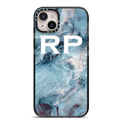 Personalised White Initials Marble iPhone 14 Plus Black Impact Case on Silver phone