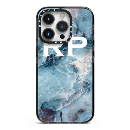 Personalised White Initials Marble iPhone 14 Pro Black Impact Case on Silver phone