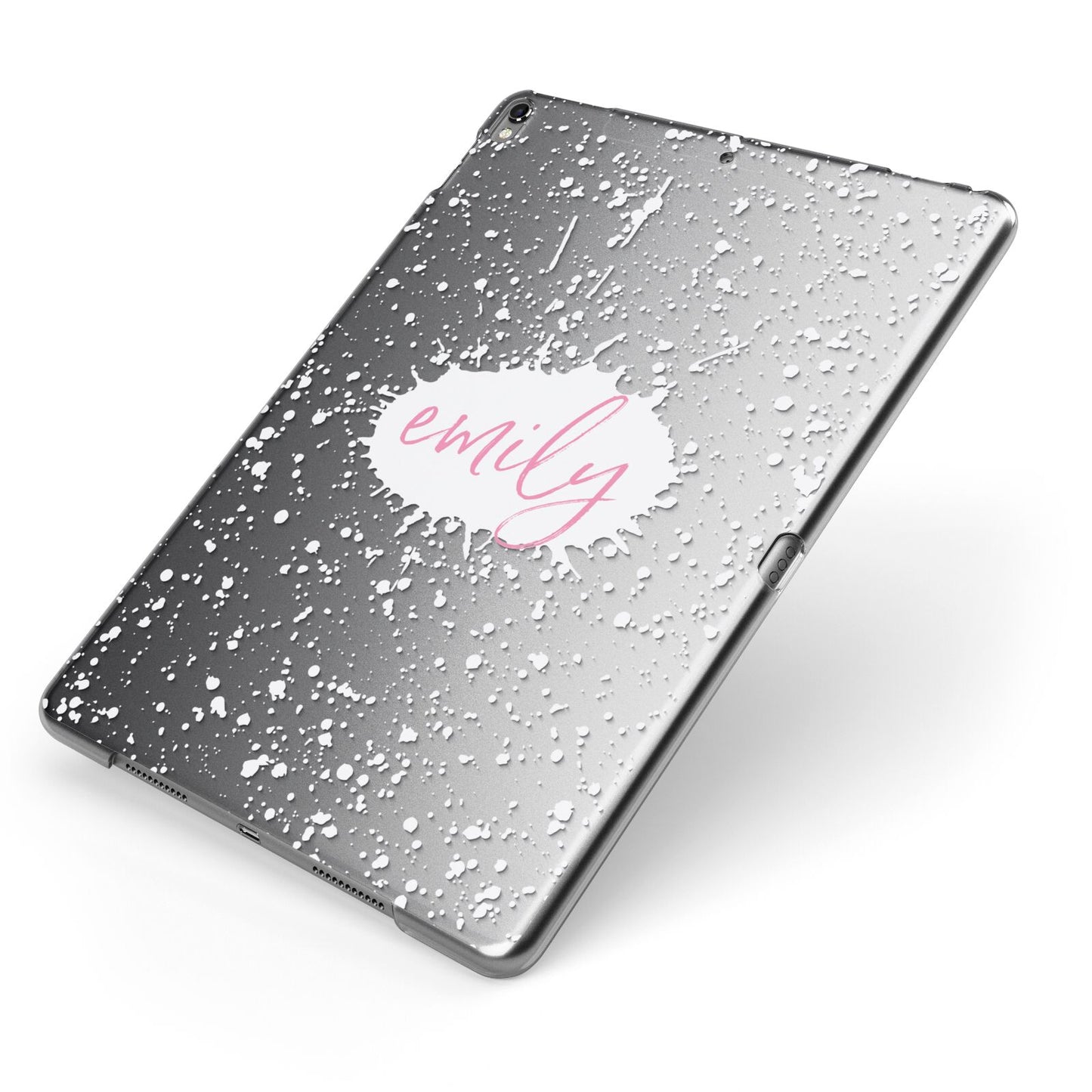 Personalised White Ink Splat Clear Name Apple iPad Case on Grey iPad Side View