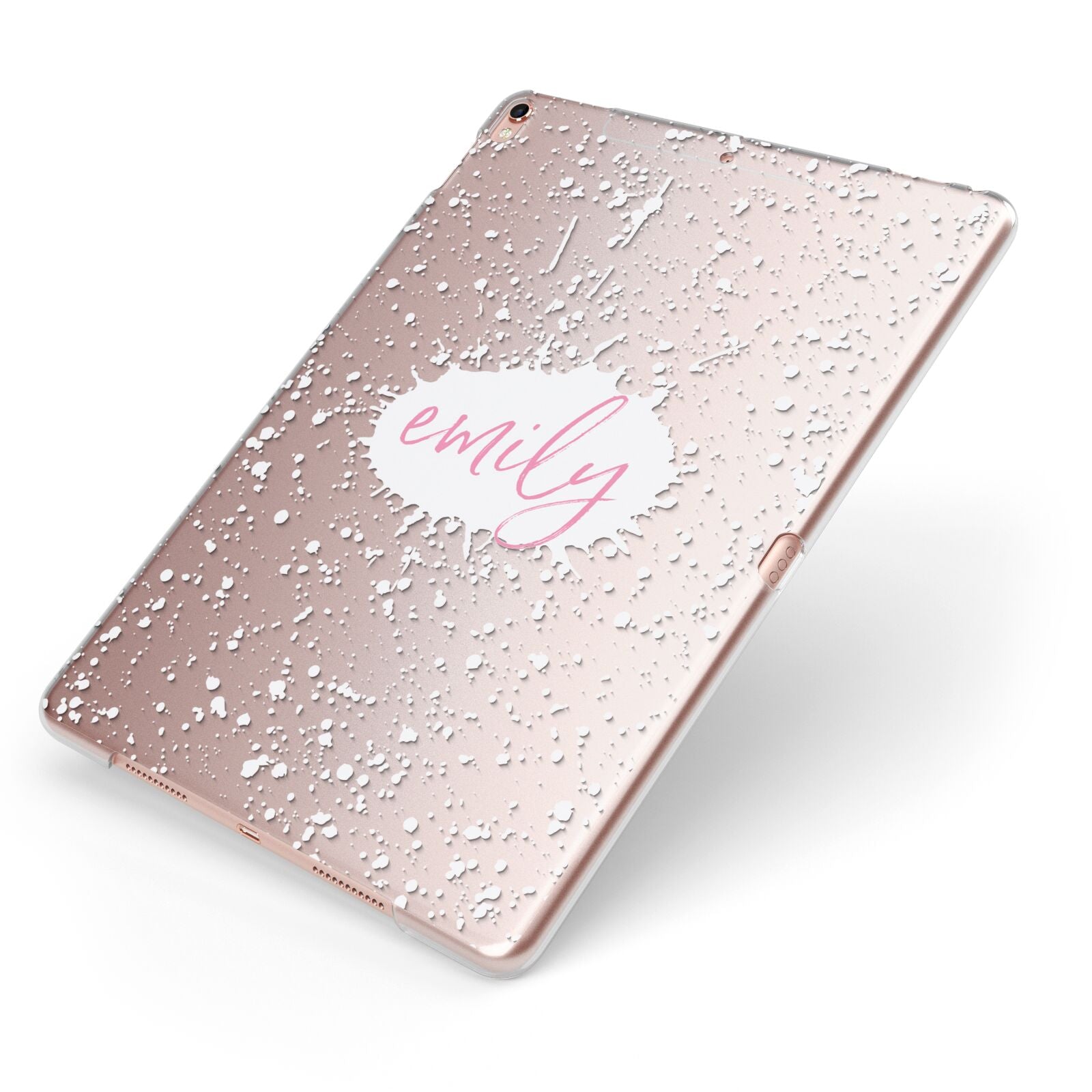 Personalised White Ink Splat Clear Name Apple iPad Case on Rose Gold iPad Side View