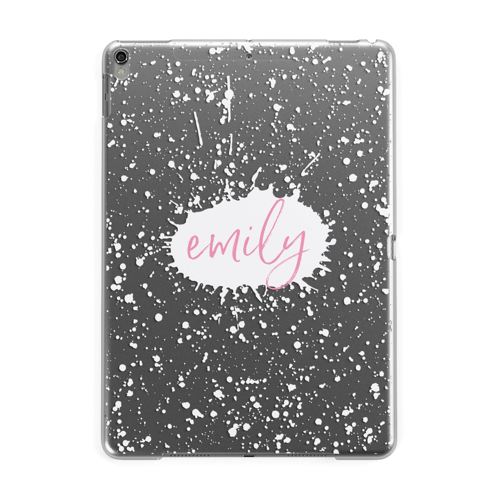 Personalised White Ink Splat Clear Name Apple iPad Grey Case