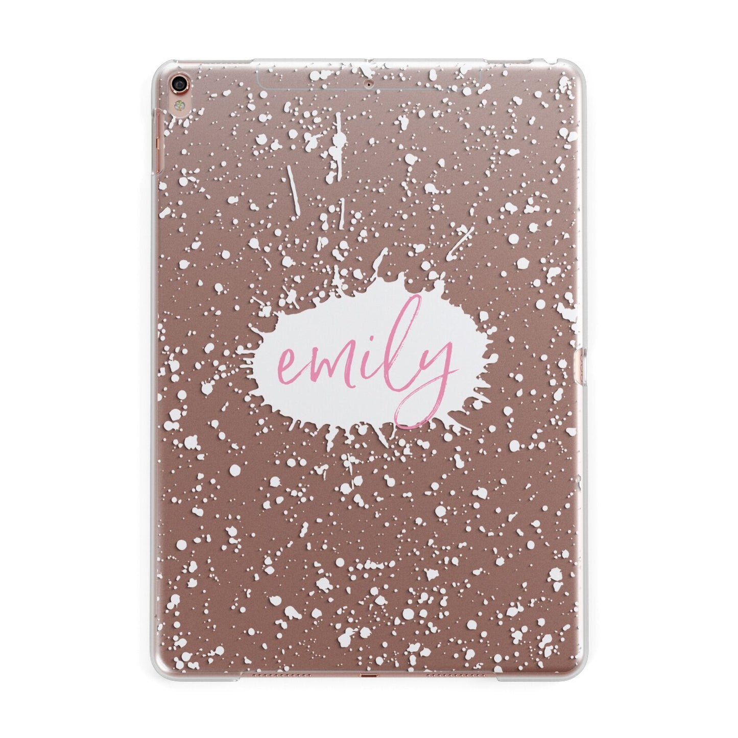 Personalised White Ink Splat Clear Name Apple iPad Rose Gold Case