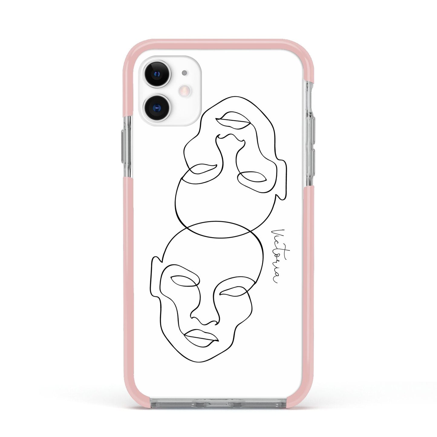 Personalised White Line Art Apple iPhone 11 in White with Pink Impact Case