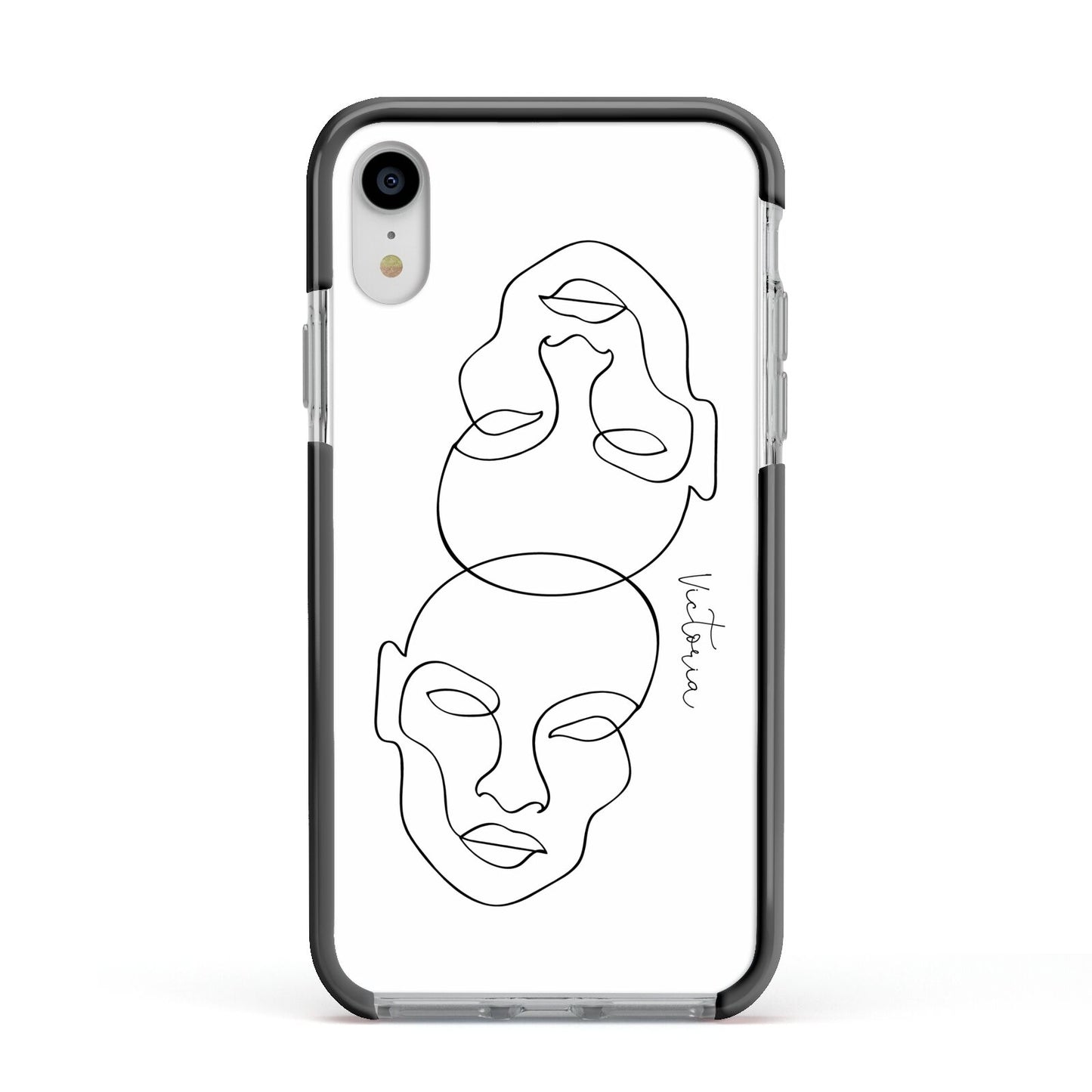 Personalised White Line Art Apple iPhone XR Impact Case Black Edge on Silver Phone