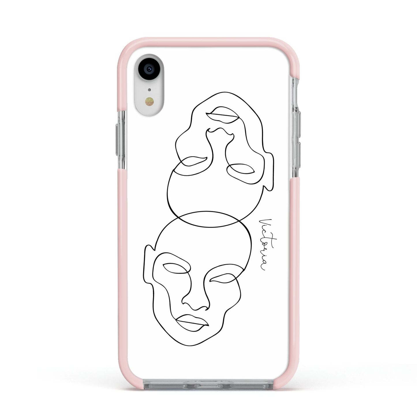 Personalised White Line Art Apple iPhone XR Impact Case Pink Edge on Silver Phone