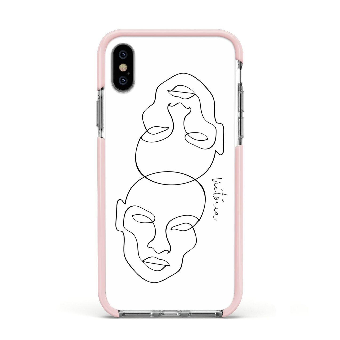 Personalised White Line Art Apple iPhone Xs Impact Case Pink Edge on Silver Phone