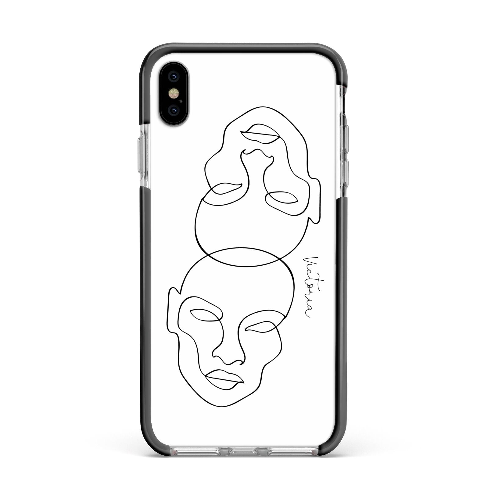 Personalised White Line Art Apple iPhone Xs Max Impact Case Black Edge on Silver Phone