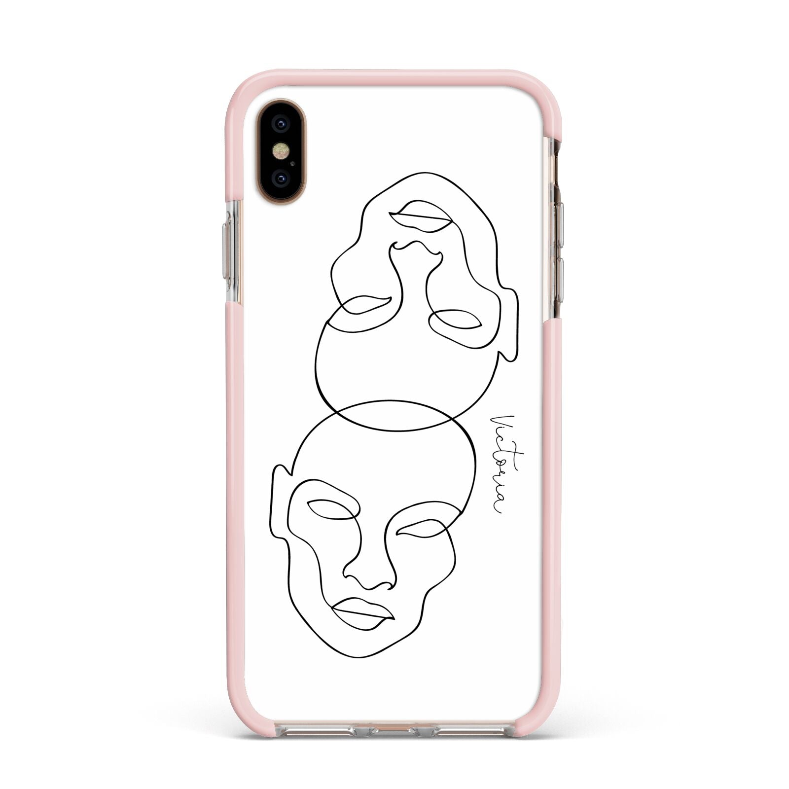 Personalised White Line Art Apple iPhone Xs Max Impact Case Pink Edge on Gold Phone