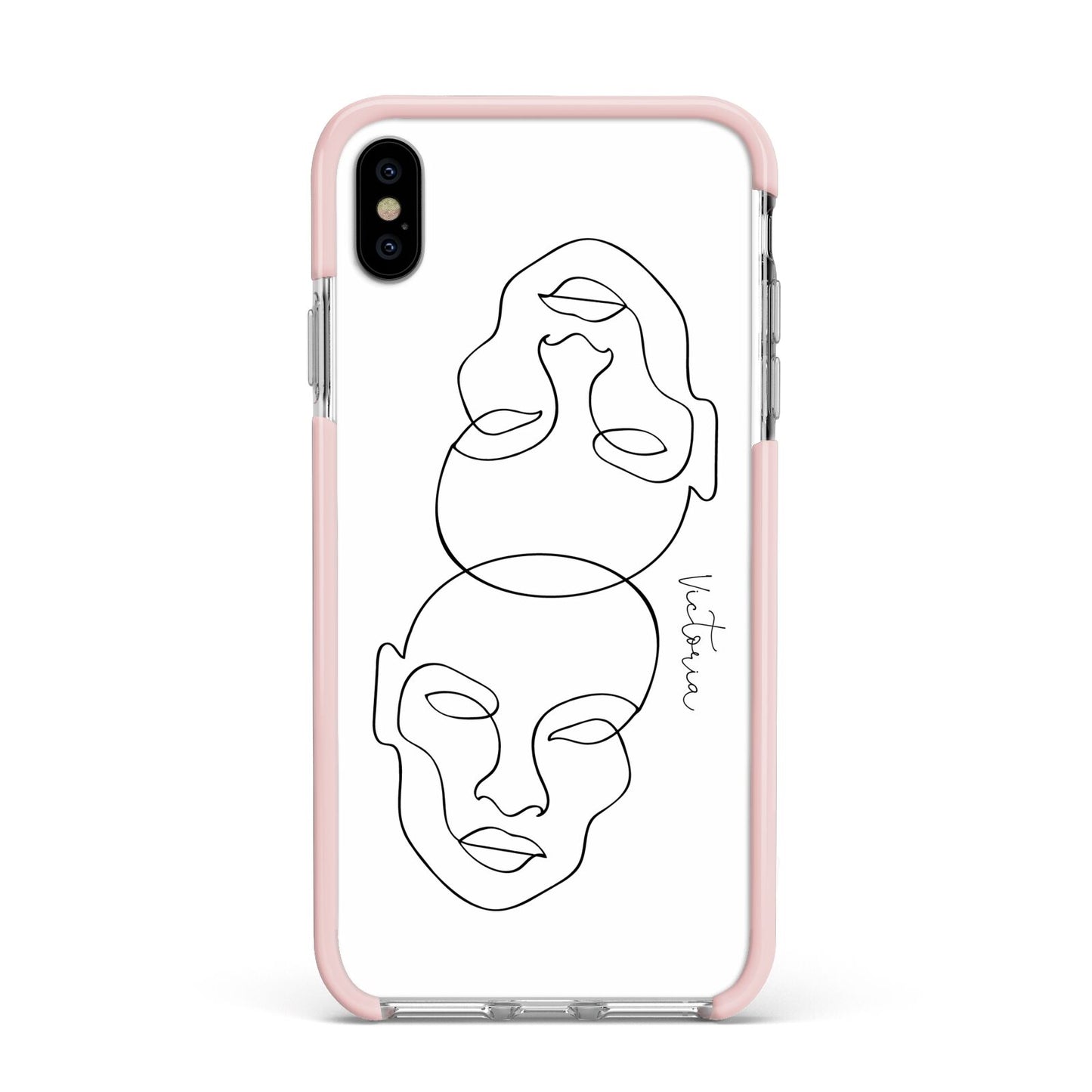 Personalised White Line Art Apple iPhone Xs Max Impact Case Pink Edge on Silver Phone