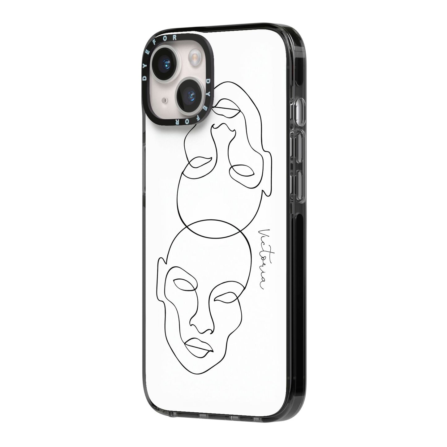 Personalised White Line Art iPhone 14 Black Impact Case Side Angle on Silver phone