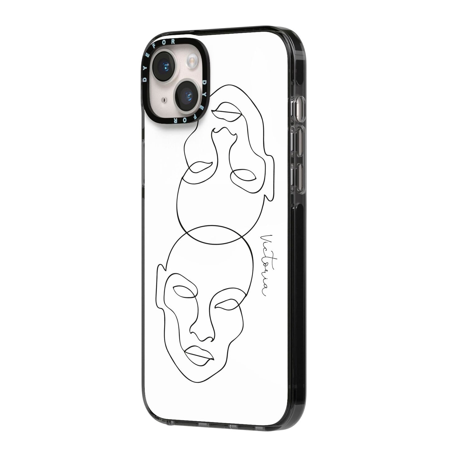 Personalised White Line Art iPhone 14 Plus Black Impact Case Side Angle on Silver phone