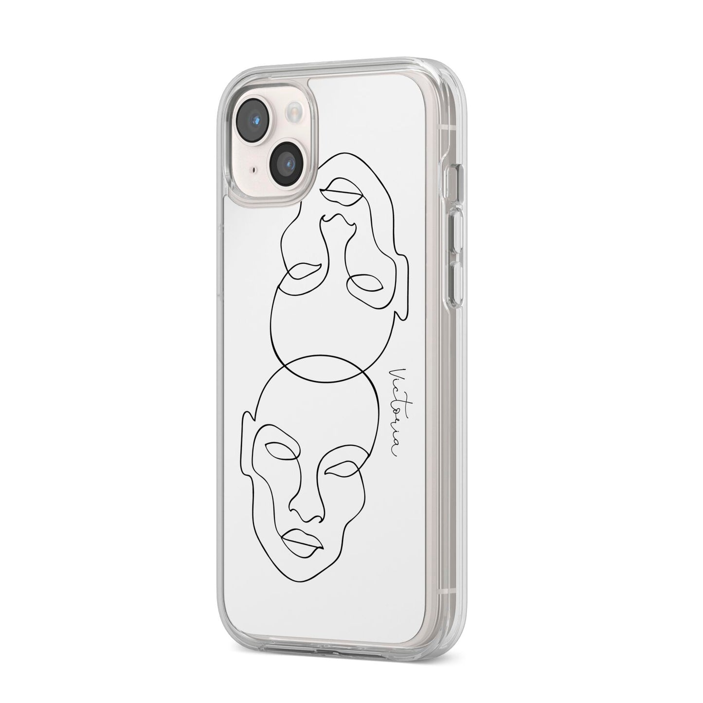 Personalised White Line Art iPhone 14 Plus Clear Tough Case Starlight Angled Image