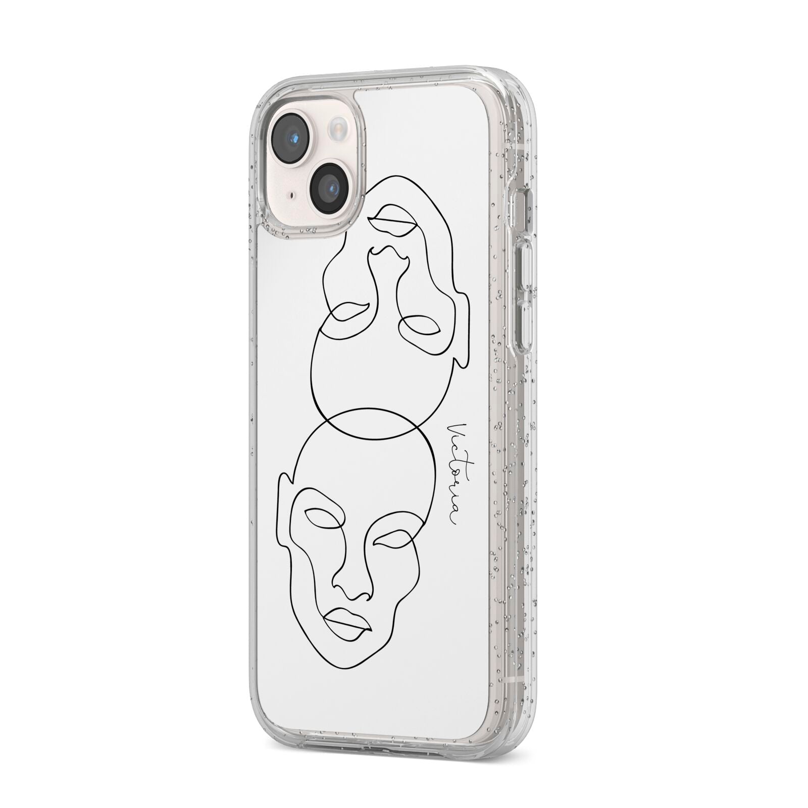 Personalised White Line Art iPhone 14 Plus Glitter Tough Case Starlight Angled Image
