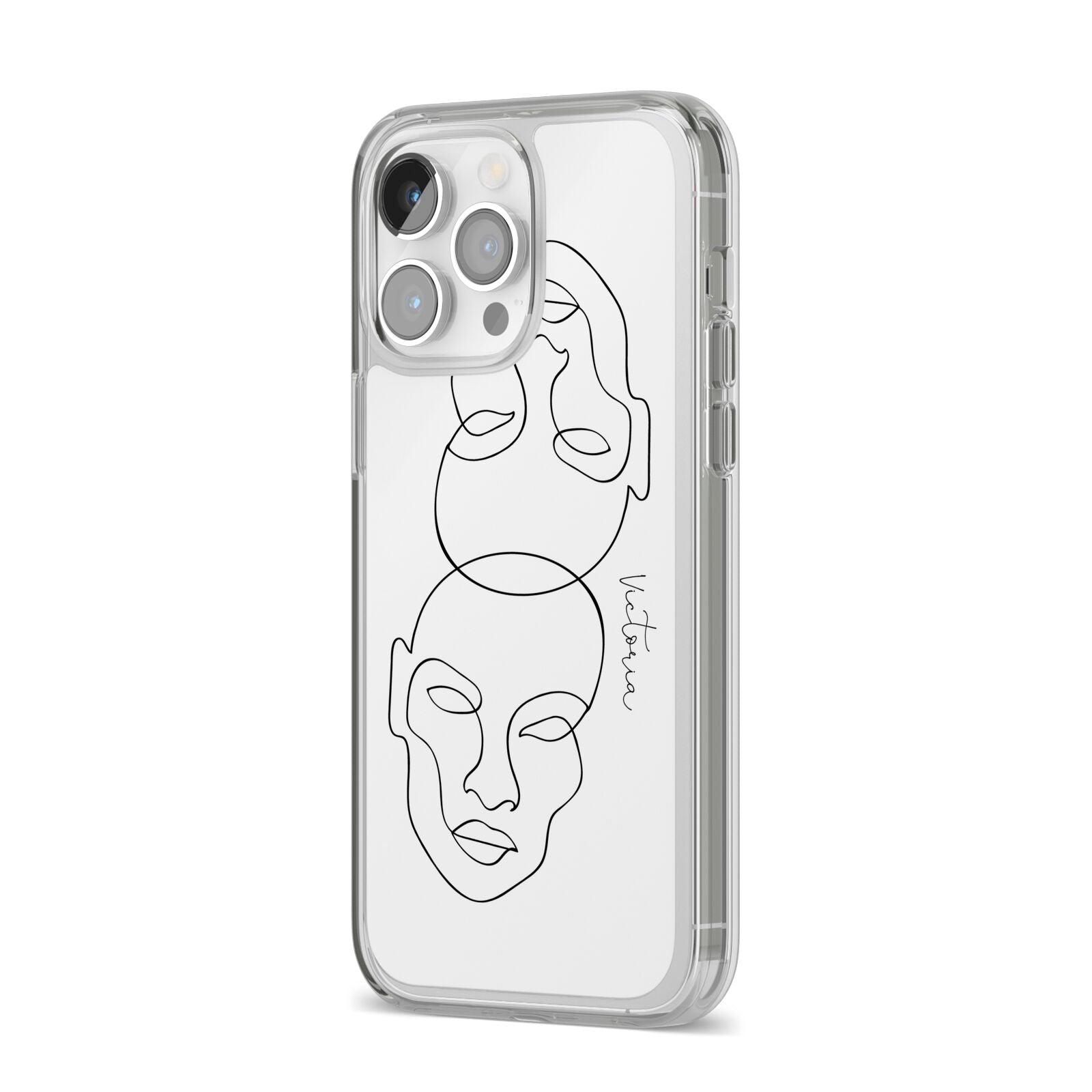 Personalised White Line Art iPhone 14 Pro Max Clear Tough Case Silver Angled Image