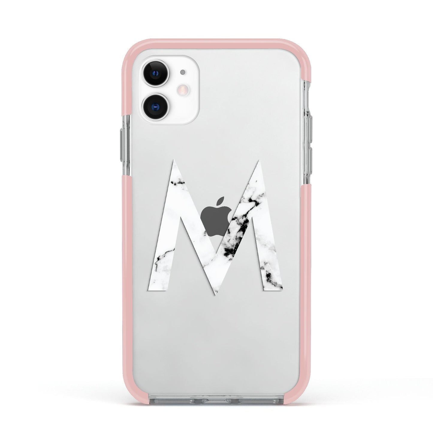 Personalised White Marble Initial Clear Custom Apple iPhone 11 in White with Pink Impact Case