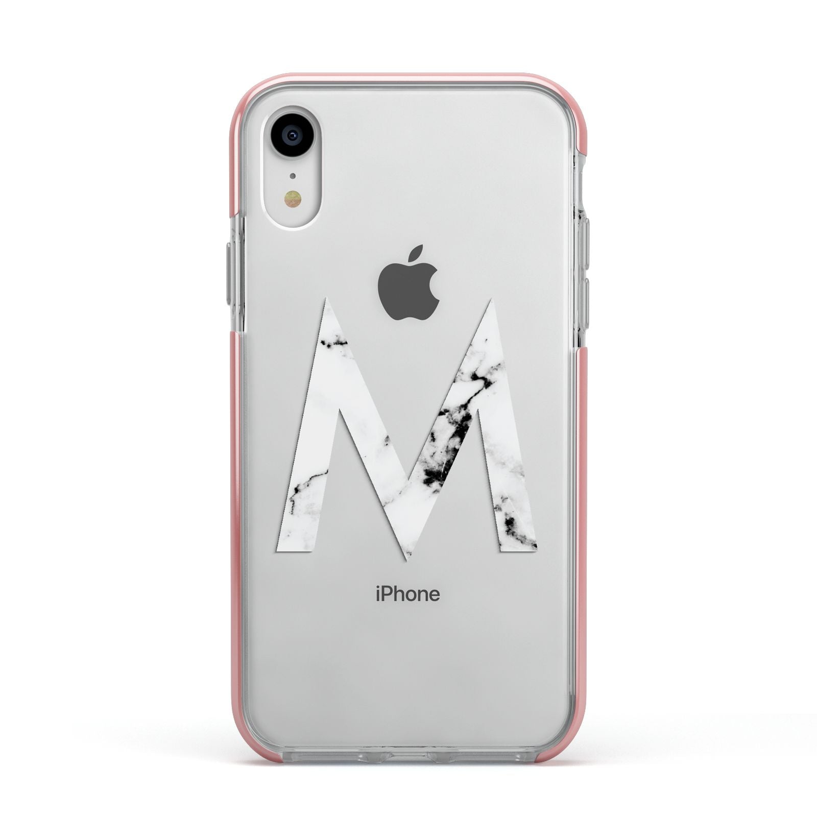 Personalised White Marble Initial Clear Custom Apple iPhone XR Impact Case Pink Edge on Silver Phone