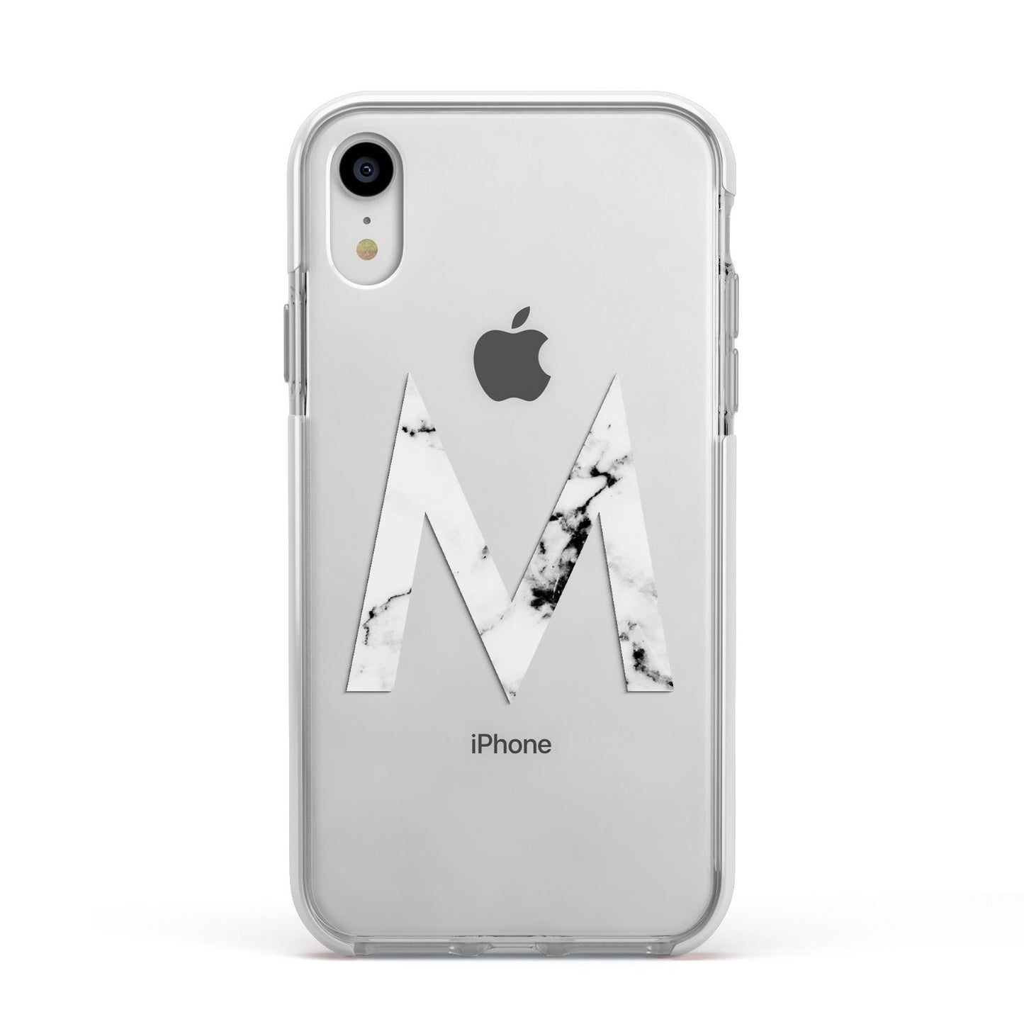 Personalised White Marble Initial Clear Custom Apple iPhone XR Impact Case White Edge on Silver Phone