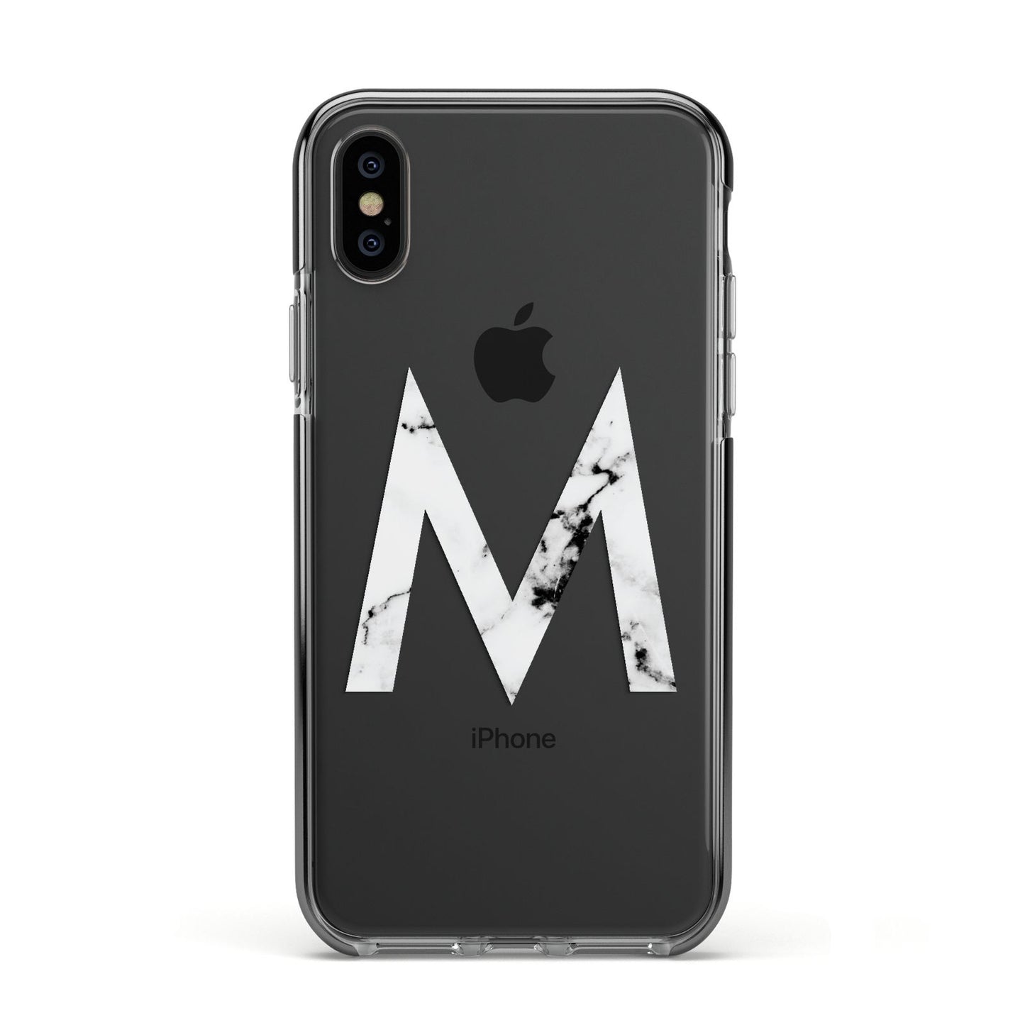 Personalised White Marble Initial Clear Custom Apple iPhone Xs Impact Case Black Edge on Black Phone