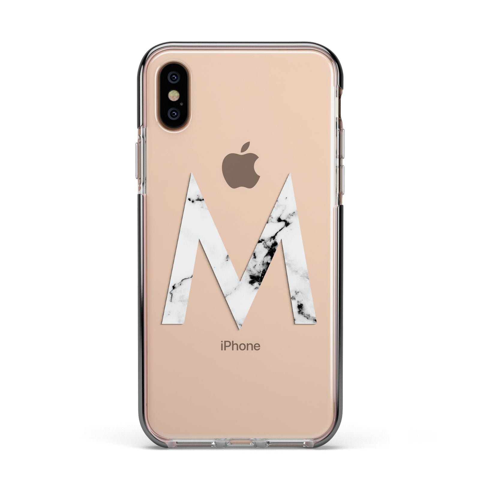 Personalised White Marble Initial Clear Custom Apple iPhone Xs Impact Case Black Edge on Gold Phone