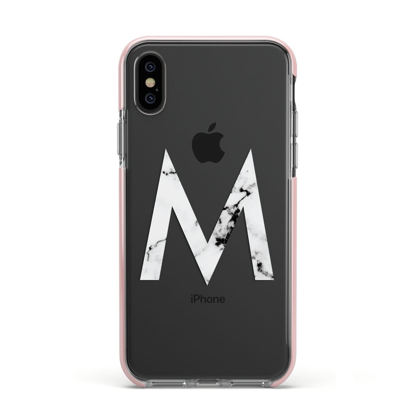 Personalised White Marble Initial Clear Custom Apple iPhone Xs Impact Case Pink Edge on Black Phone