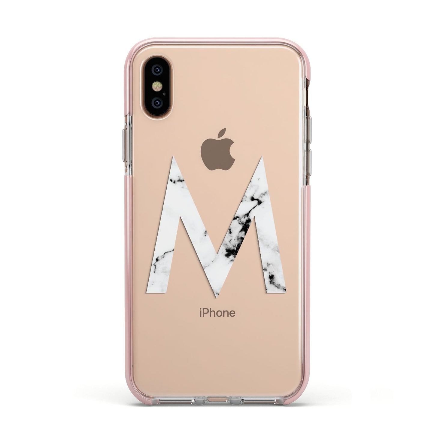 Personalised White Marble Initial Clear Custom Apple iPhone Xs Impact Case Pink Edge on Gold Phone