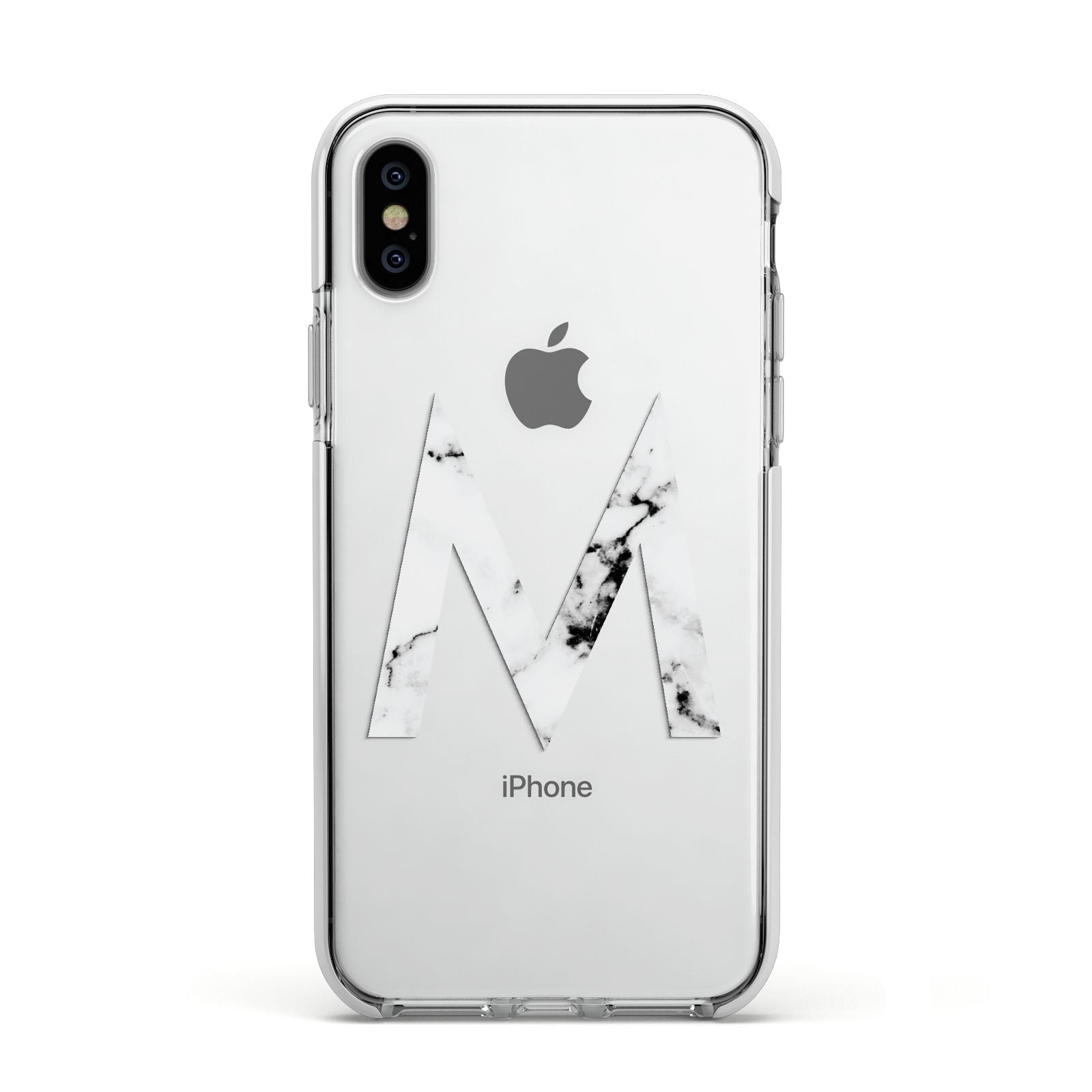 Personalised White Marble Initial Clear Custom Apple iPhone Xs Impact Case White Edge on Silver Phone