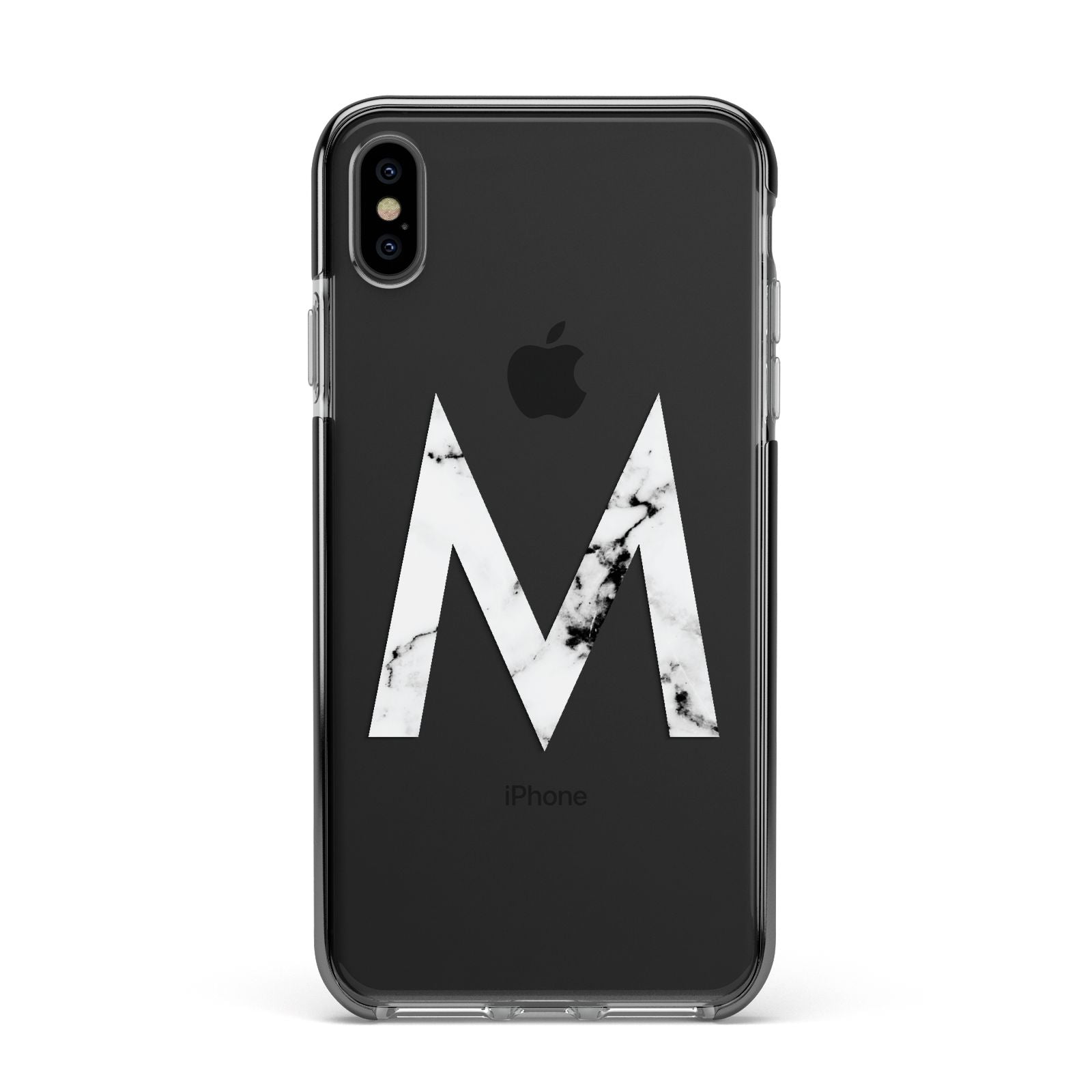Personalised White Marble Initial Clear Custom Apple iPhone Xs Max Impact Case Black Edge on Black Phone