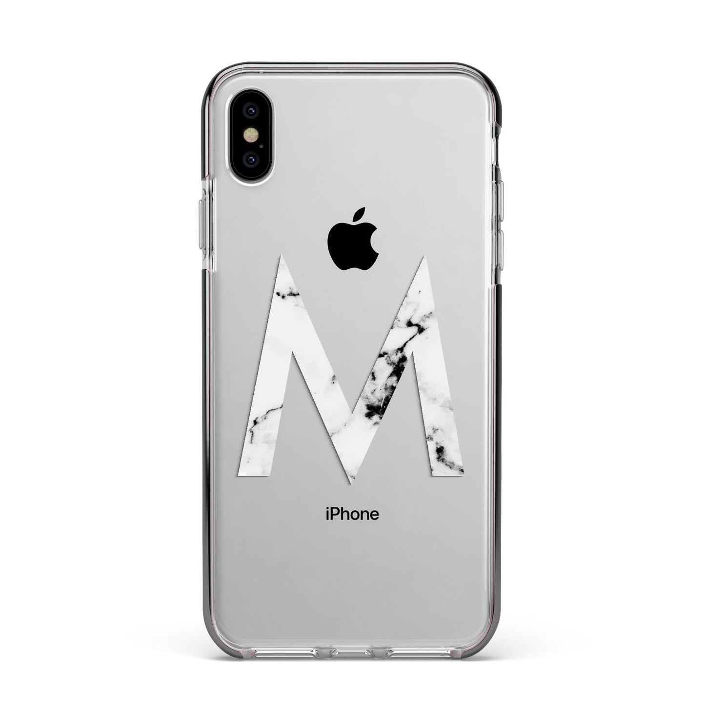 Personalised White Marble Initial Clear Custom Apple iPhone Xs Max Impact Case Black Edge on Silver Phone