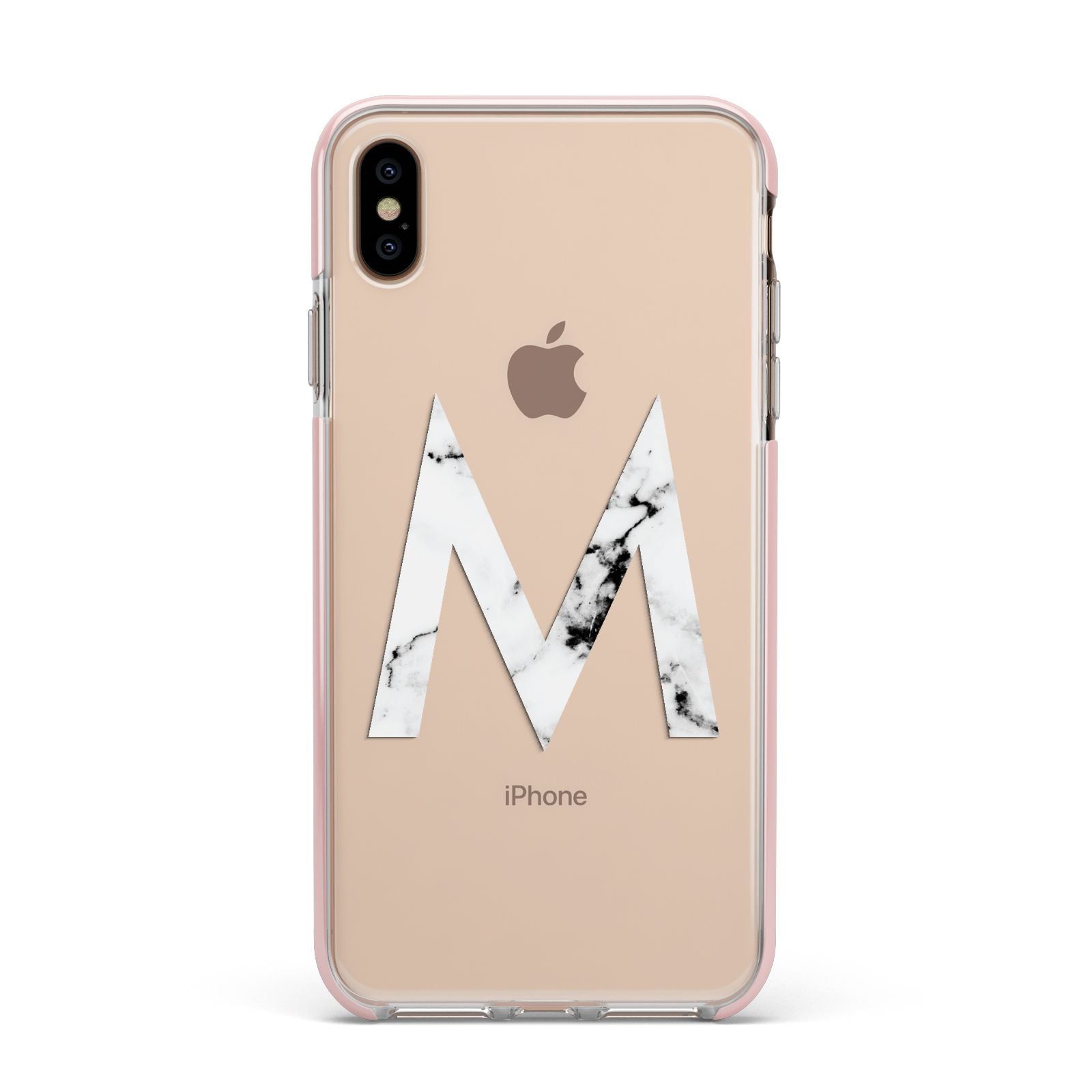 Personalised White Marble Initial Clear Custom Apple iPhone Xs Max Impact Case Pink Edge on Gold Phone