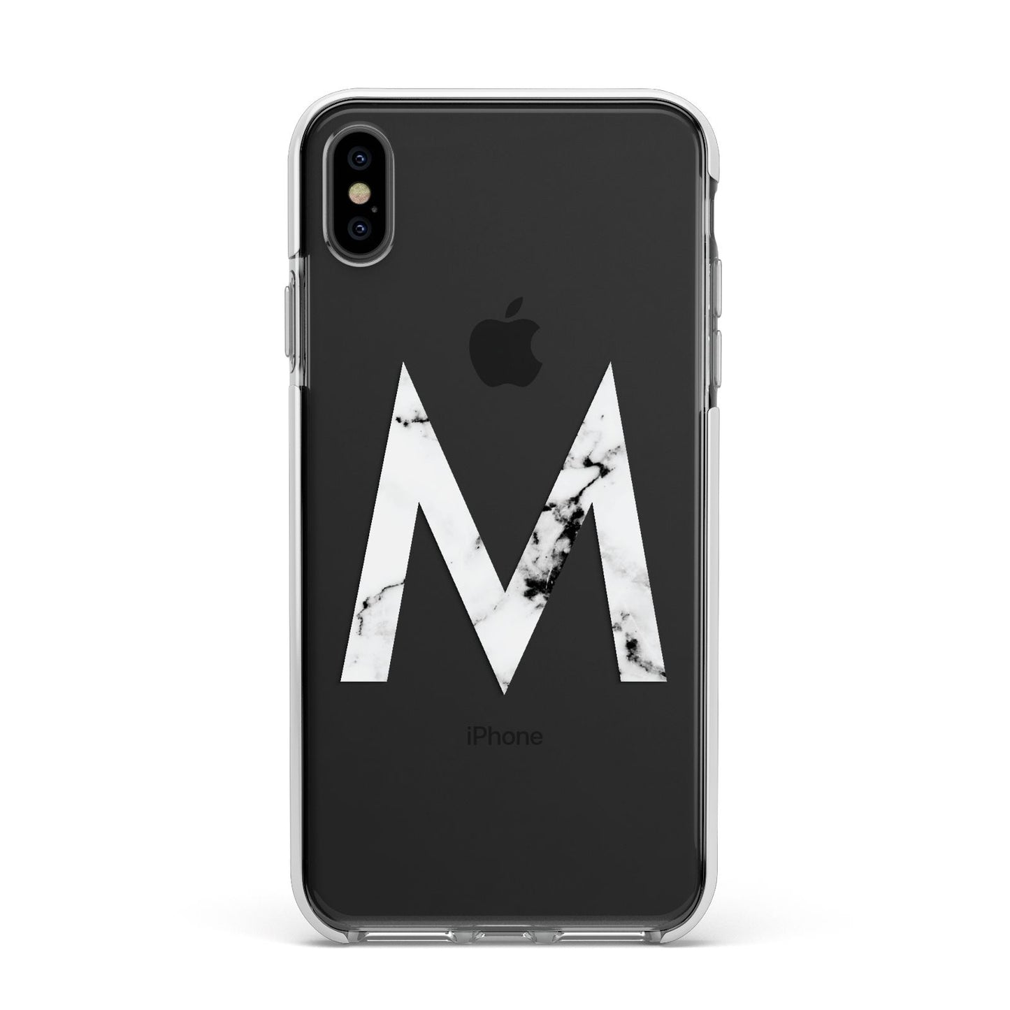 Personalised White Marble Initial Clear Custom Apple iPhone Xs Max Impact Case White Edge on Black Phone