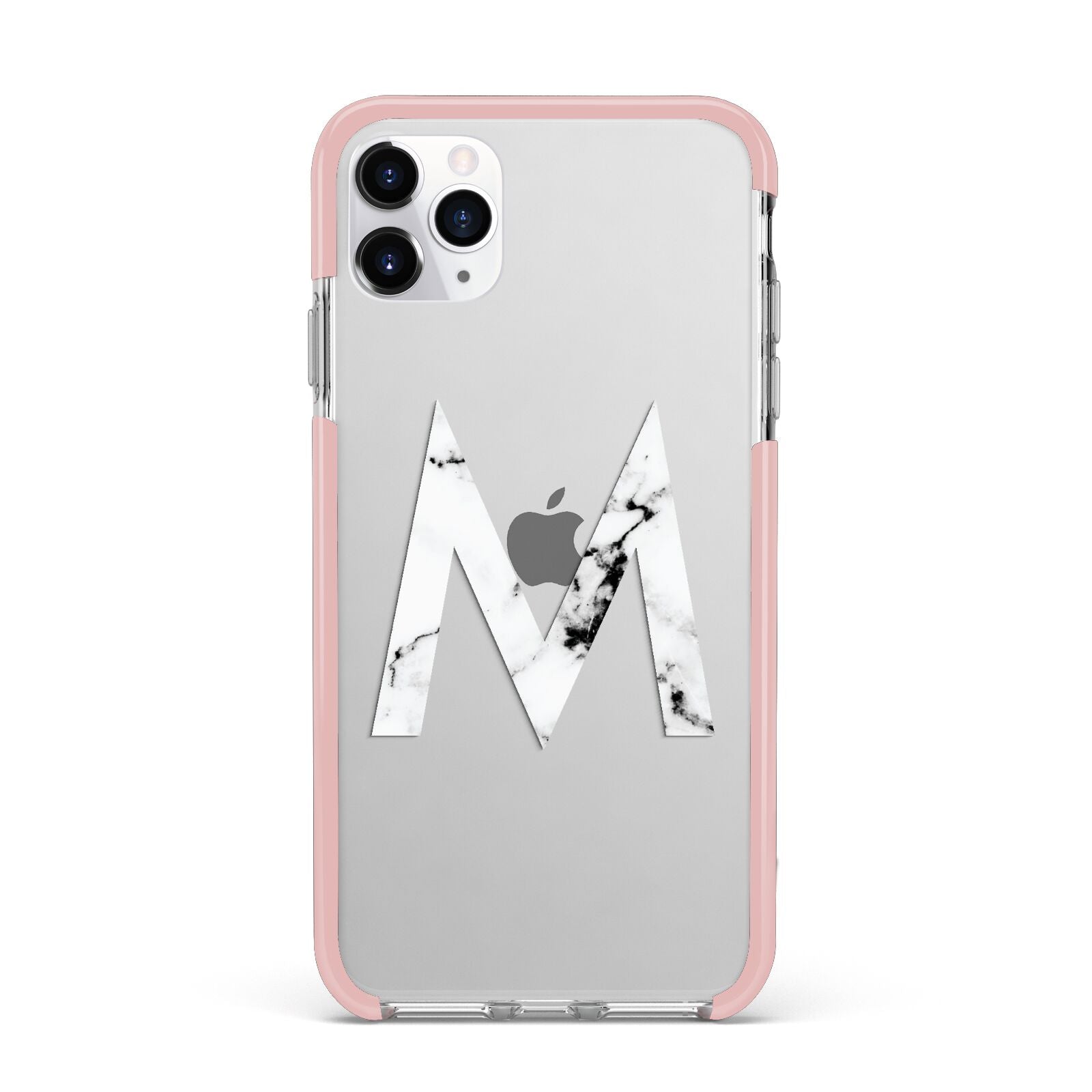 Personalised White Marble Initial Clear Custom iPhone 11 Pro Max Impact Pink Edge Case