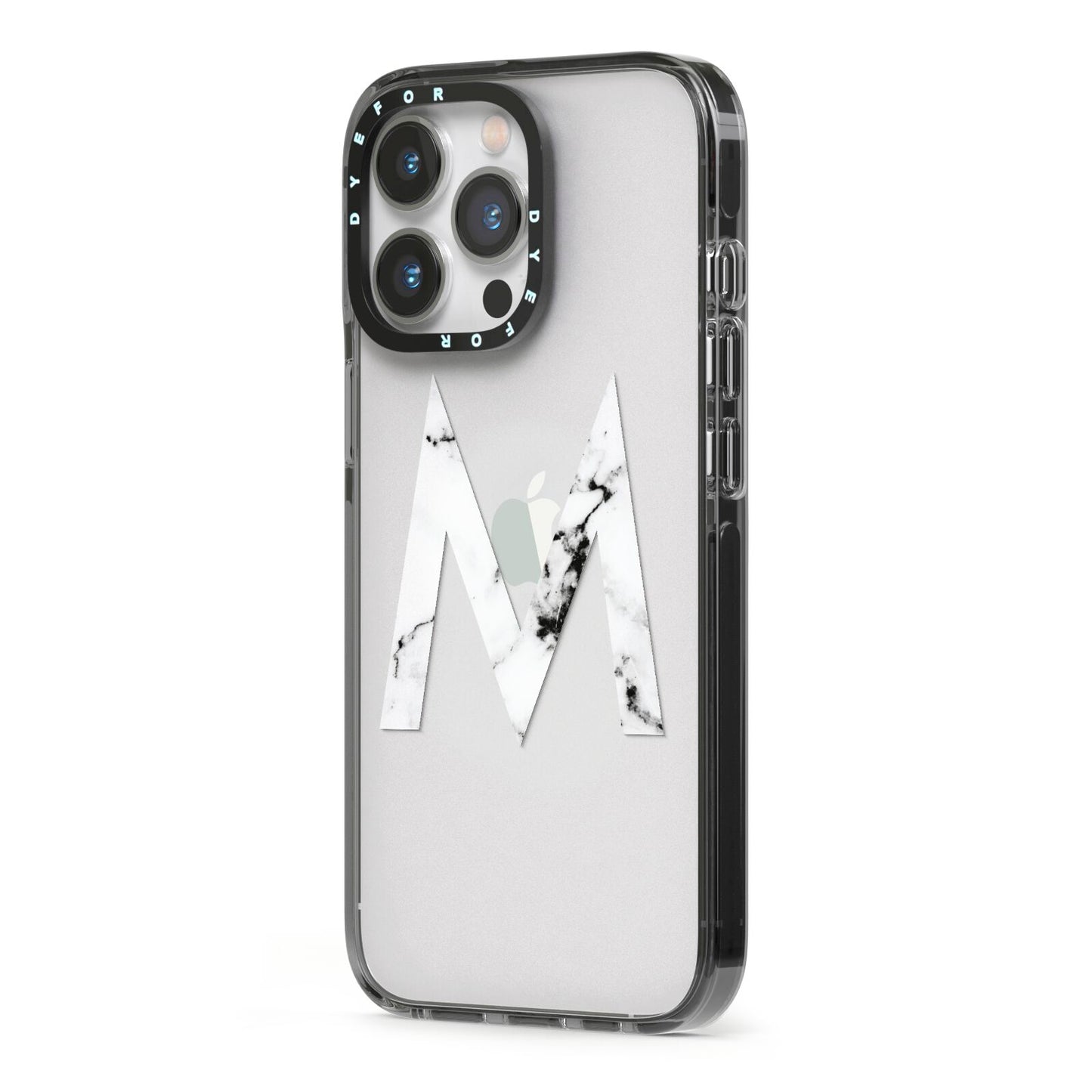 Personalised White Marble Initial Clear Custom iPhone 13 Pro Black Impact Case Side Angle on Silver phone