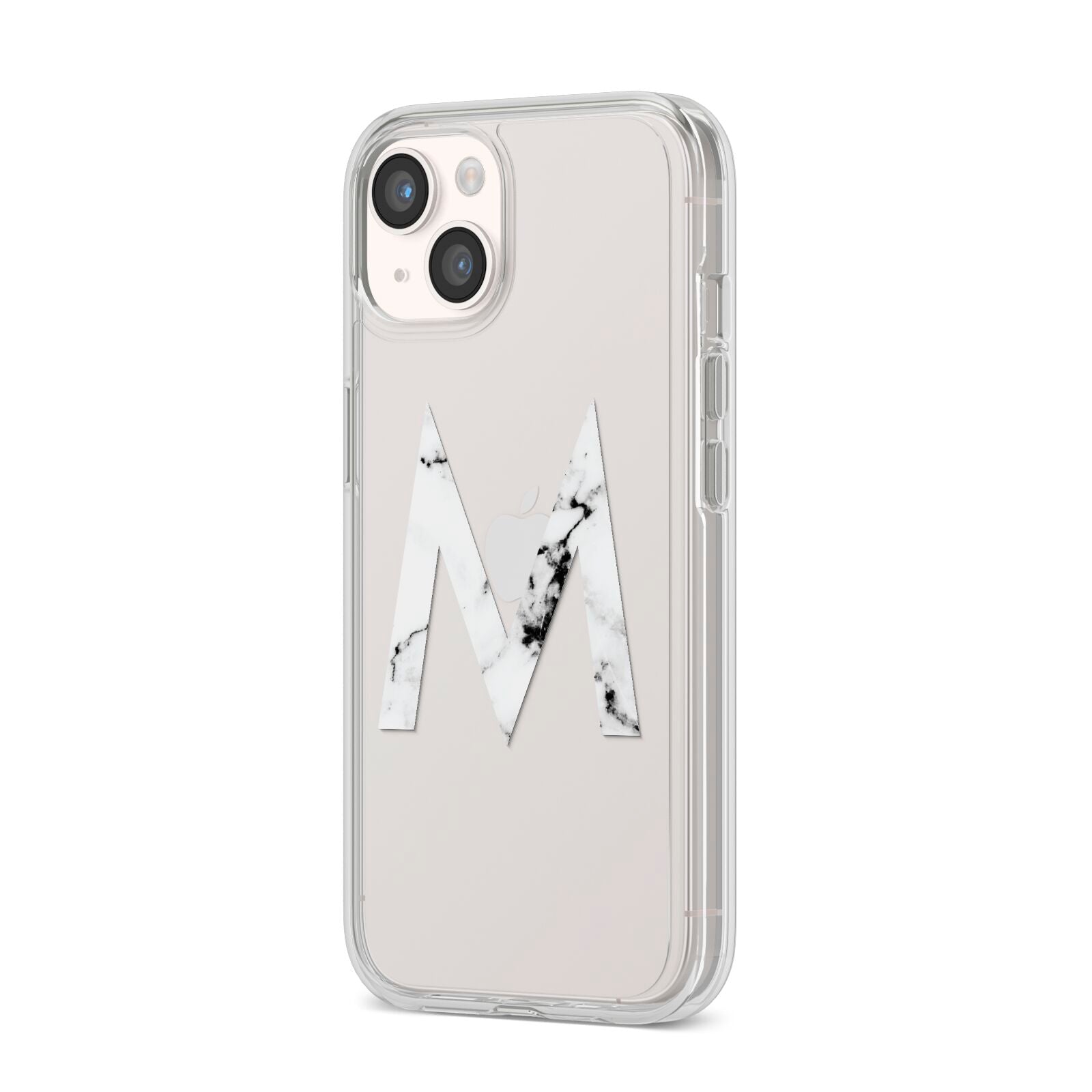 Personalised White Marble Initial Clear Custom iPhone 14 Clear Tough Case Starlight Angled Image