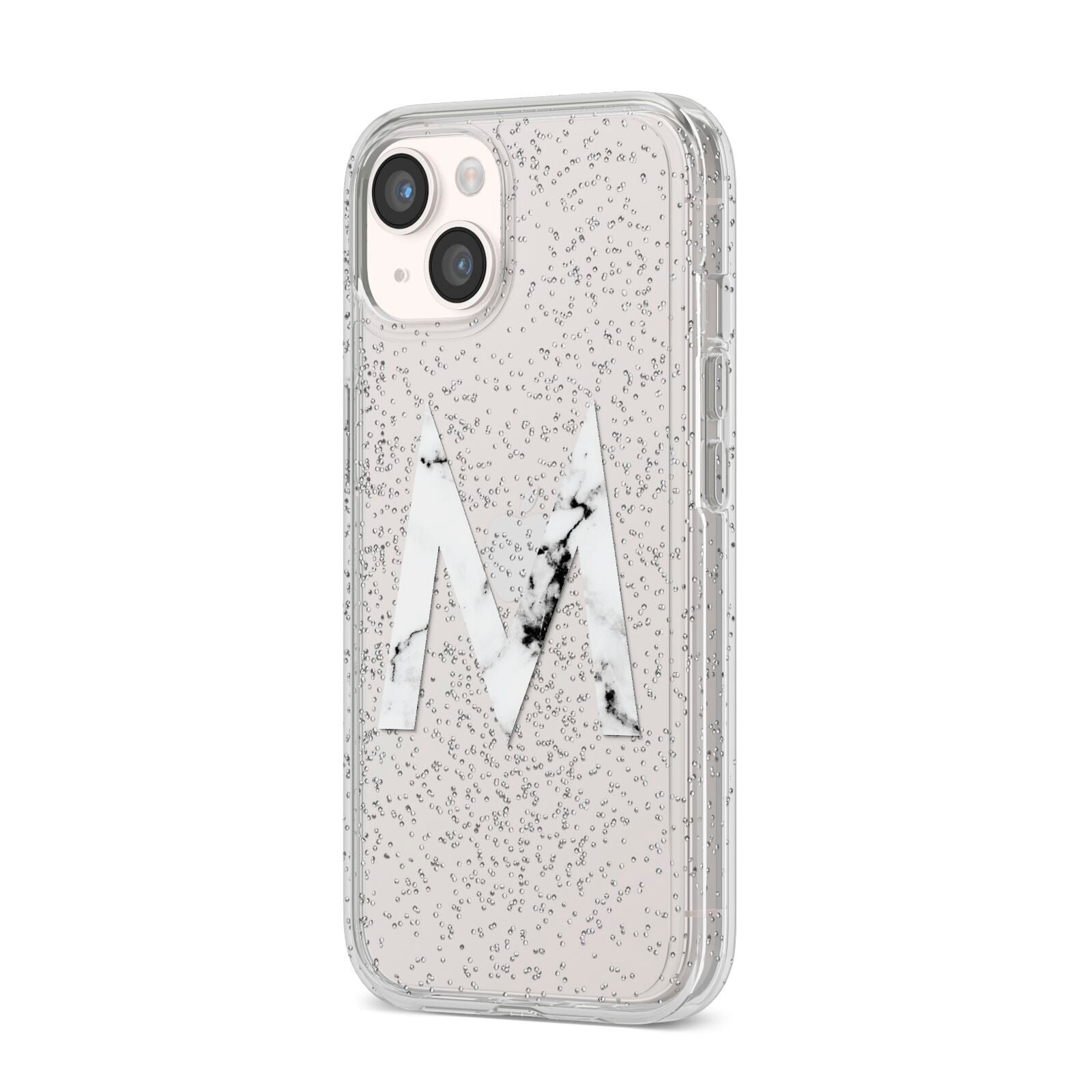 Personalised White Marble Initial Clear Custom iPhone 14 Glitter Tough Case Starlight Angled Image