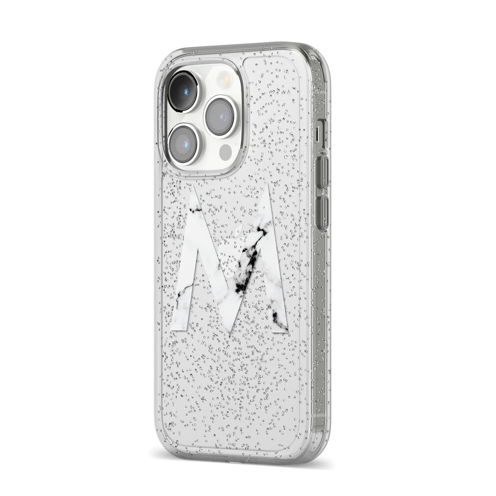 Personalised White Marble Initial Clear Custom iPhone 14 Pro Glitter Tough Case Silver Angled Image