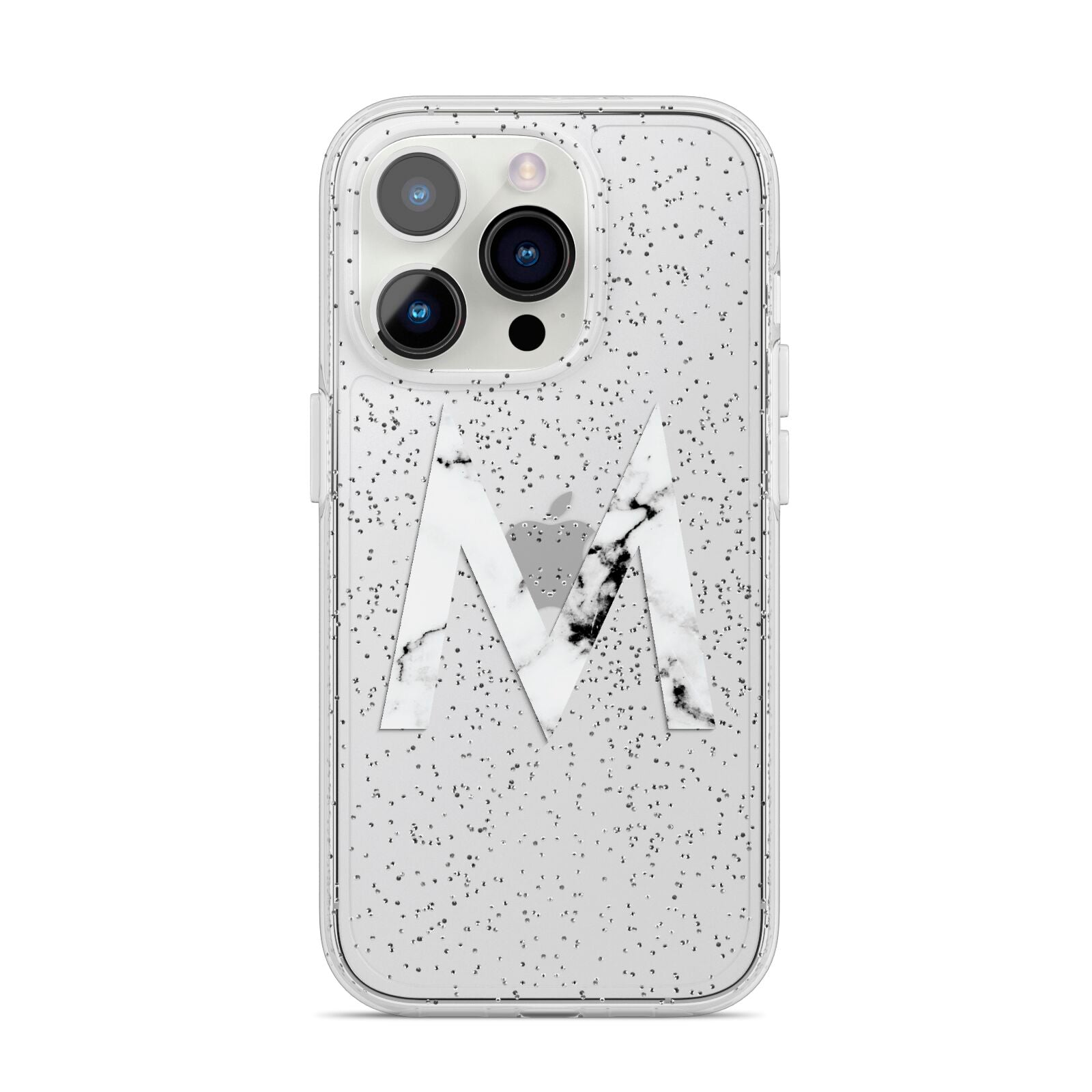Personalised White Marble Initial Clear Custom iPhone 14 Pro Glitter Tough Case Silver