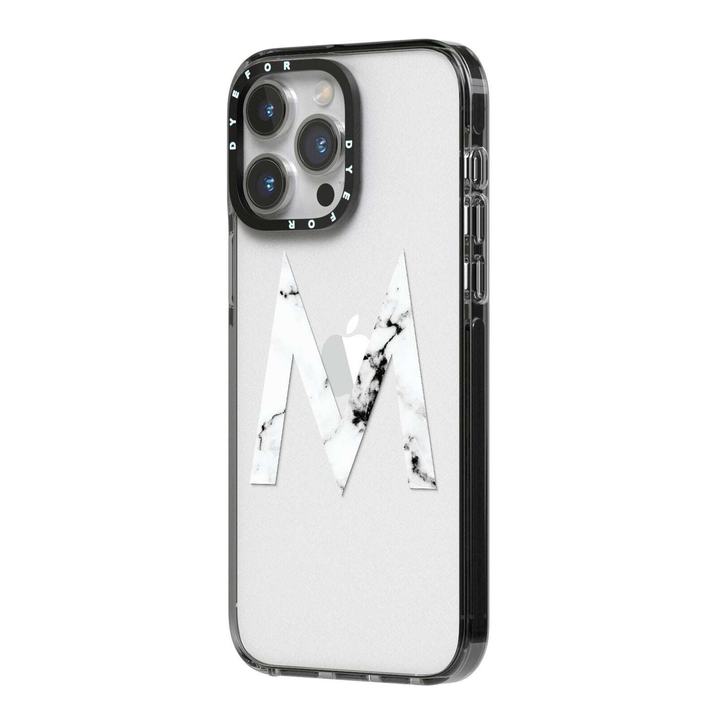 Personalised White Marble Initial Clear Custom iPhone 14 Pro Max Black Impact Case Side Angle on Silver phone