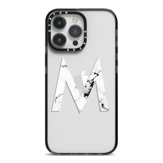 Personalised White Marble Initial Clear Custom iPhone 14 Pro Max Black Impact Case on Silver phone