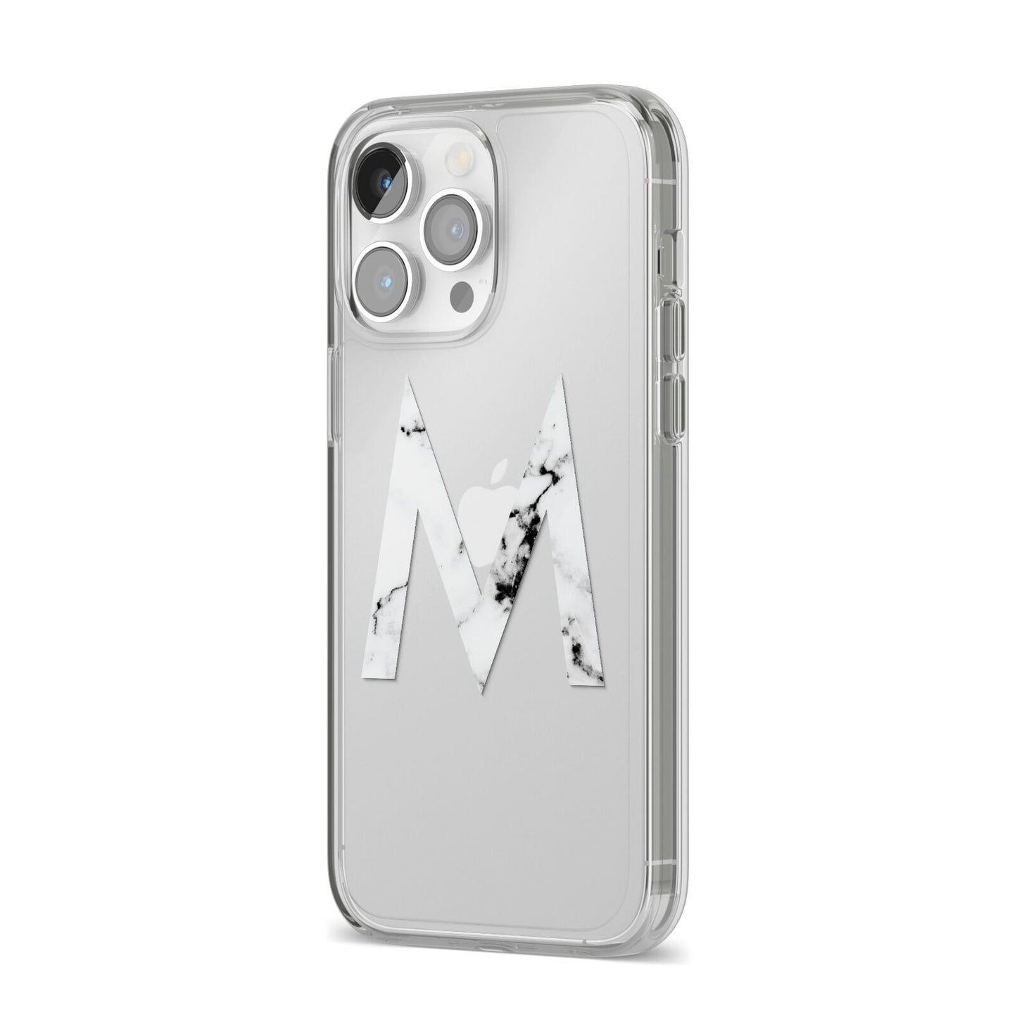 Personalised White Marble Initial Clear Custom iPhone 14 Pro Max Clear Tough Case Silver Angled Image