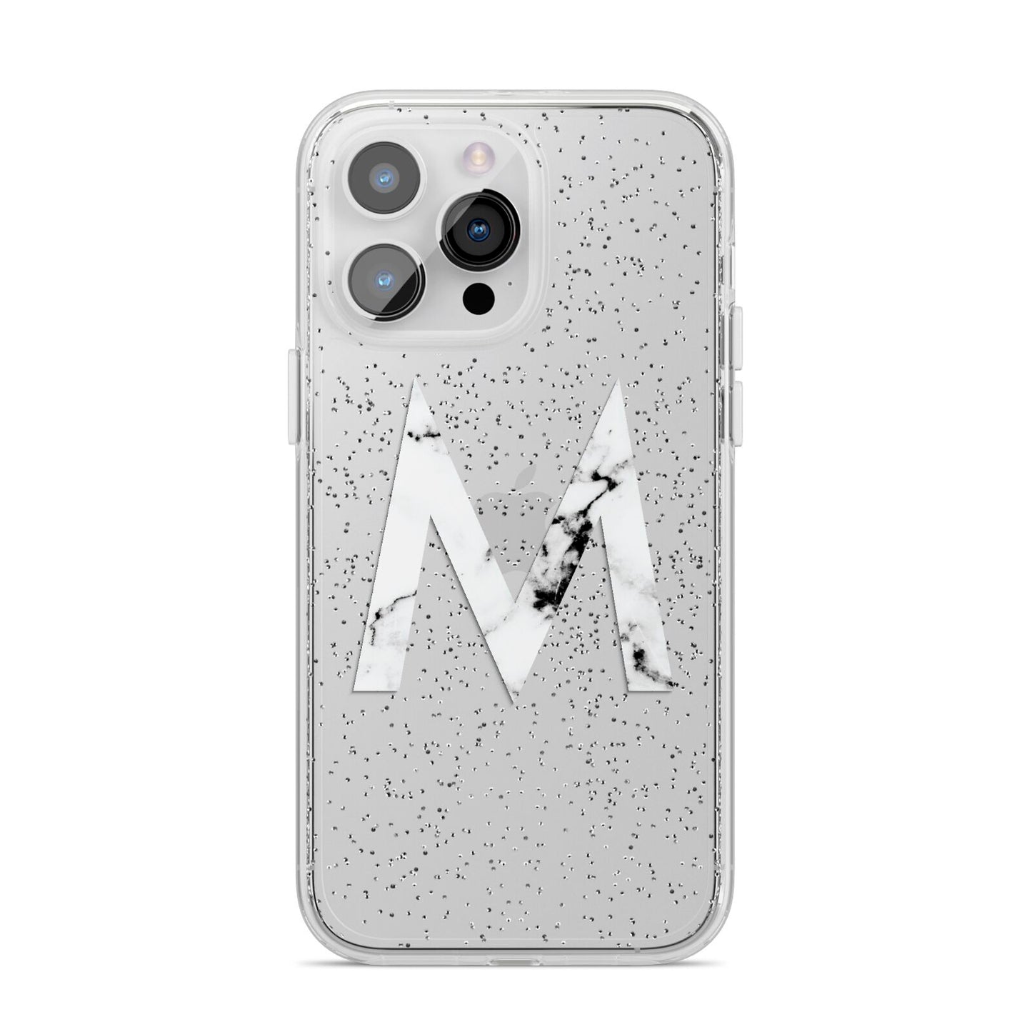 Personalised White Marble Initial Clear Custom iPhone 14 Pro Max Glitter Tough Case Silver