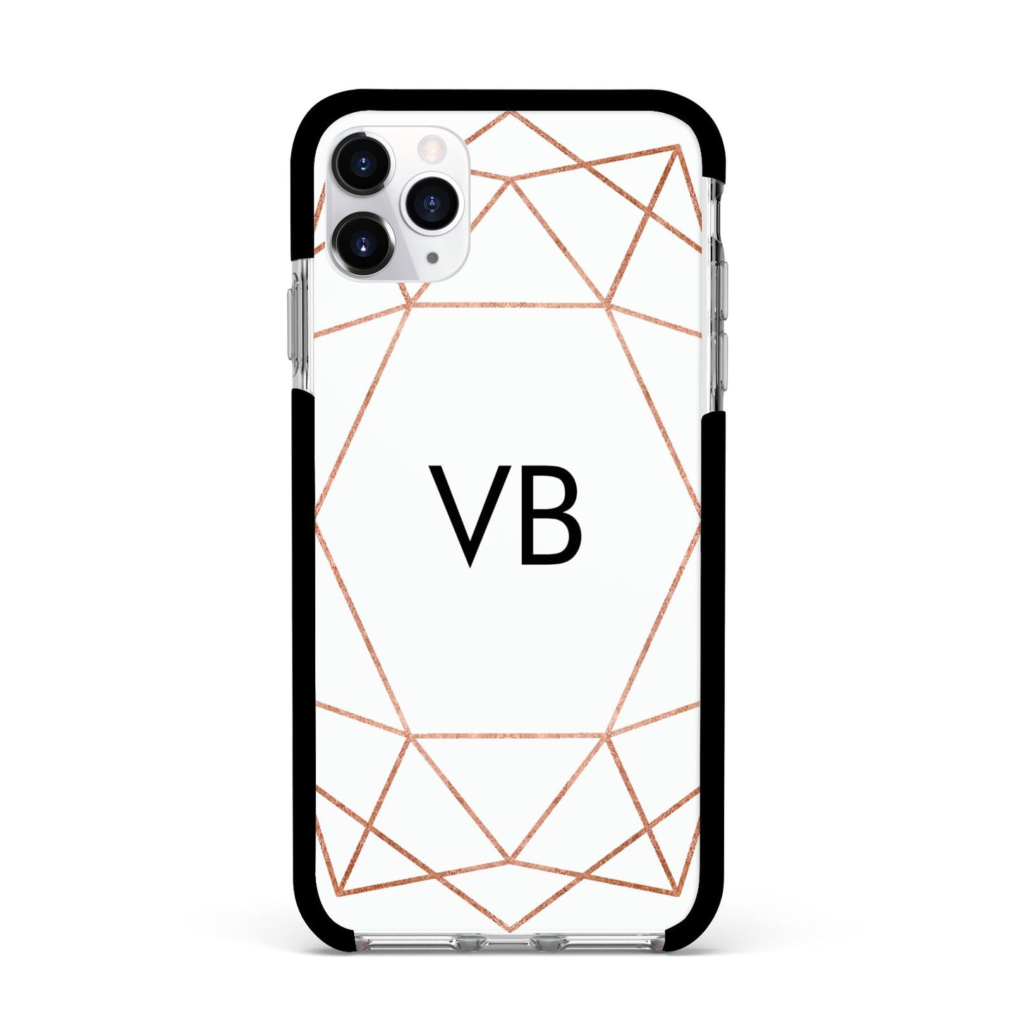 Personalised White Rose Gold Initials Geometric Apple iPhone 11 Pro Max in Silver with Black Impact Case