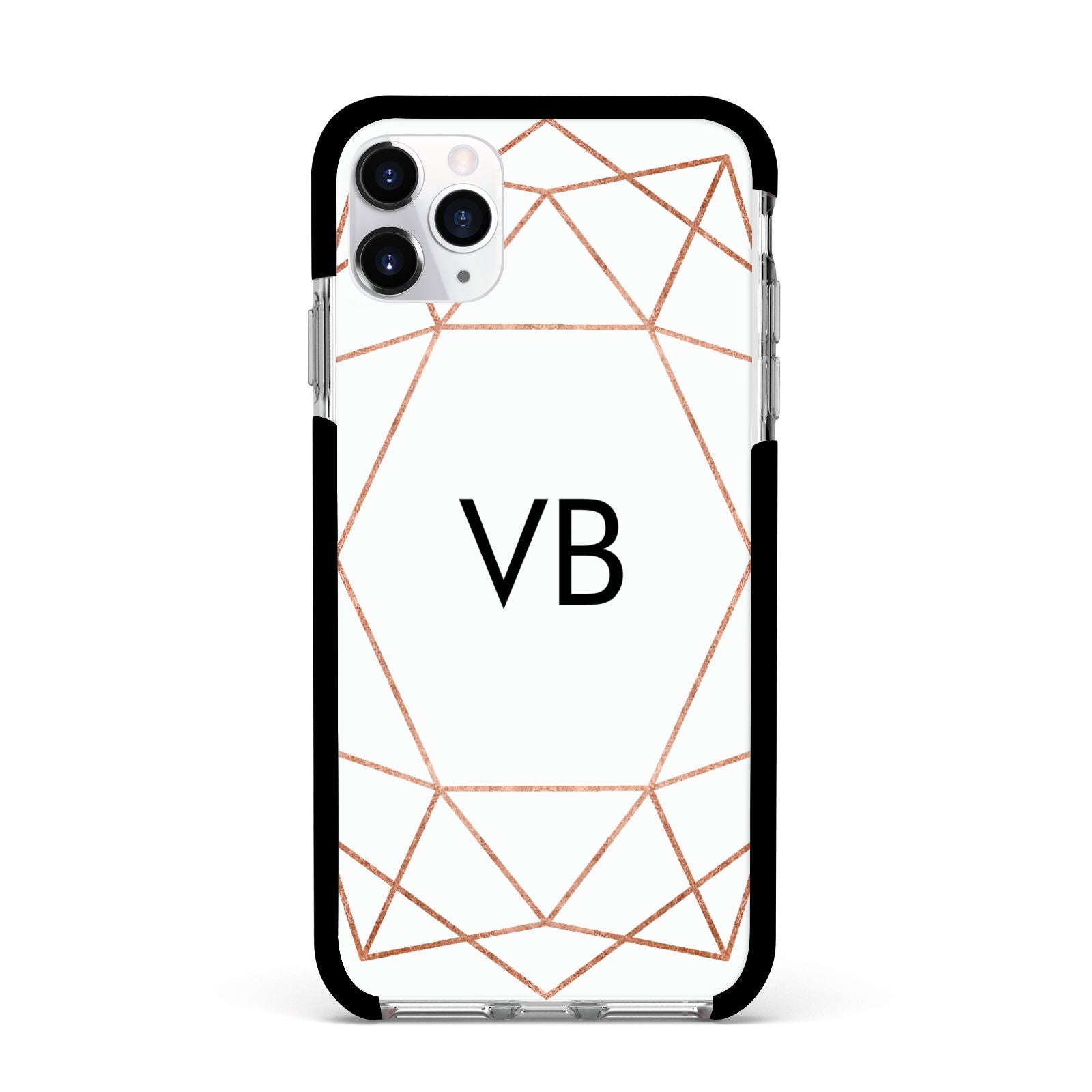Personalised White Rose Gold Initials Geometric Apple iPhone 11 Pro Max in Silver with Black Impact Case