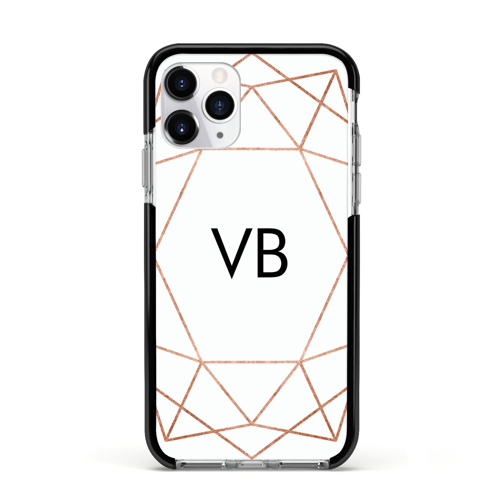 Personalised White Rose Gold Initials Geometric Apple iPhone 11 Pro in Silver with Black Impact Case