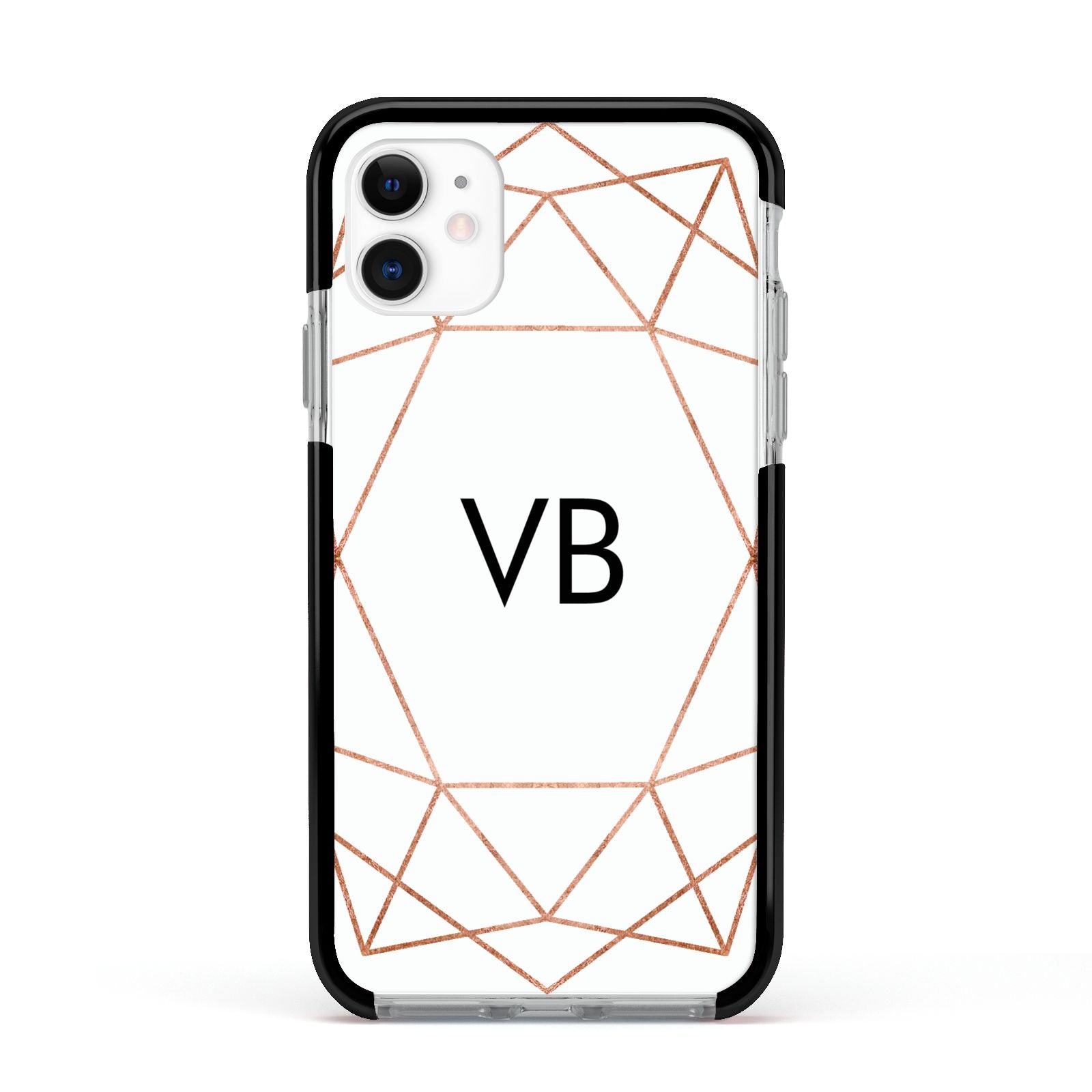 Personalised White Rose Gold Initials Geometric Apple iPhone 11 in White with Black Impact Case