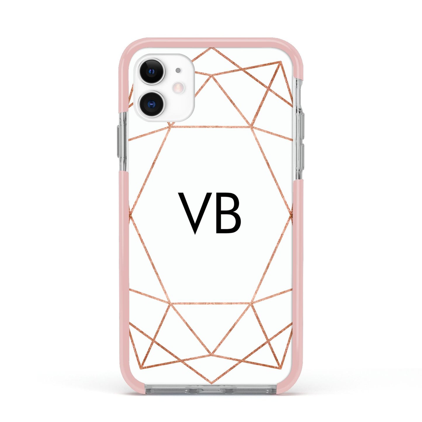 Personalised White Rose Gold Initials Geometric Apple iPhone 11 in White with Pink Impact Case