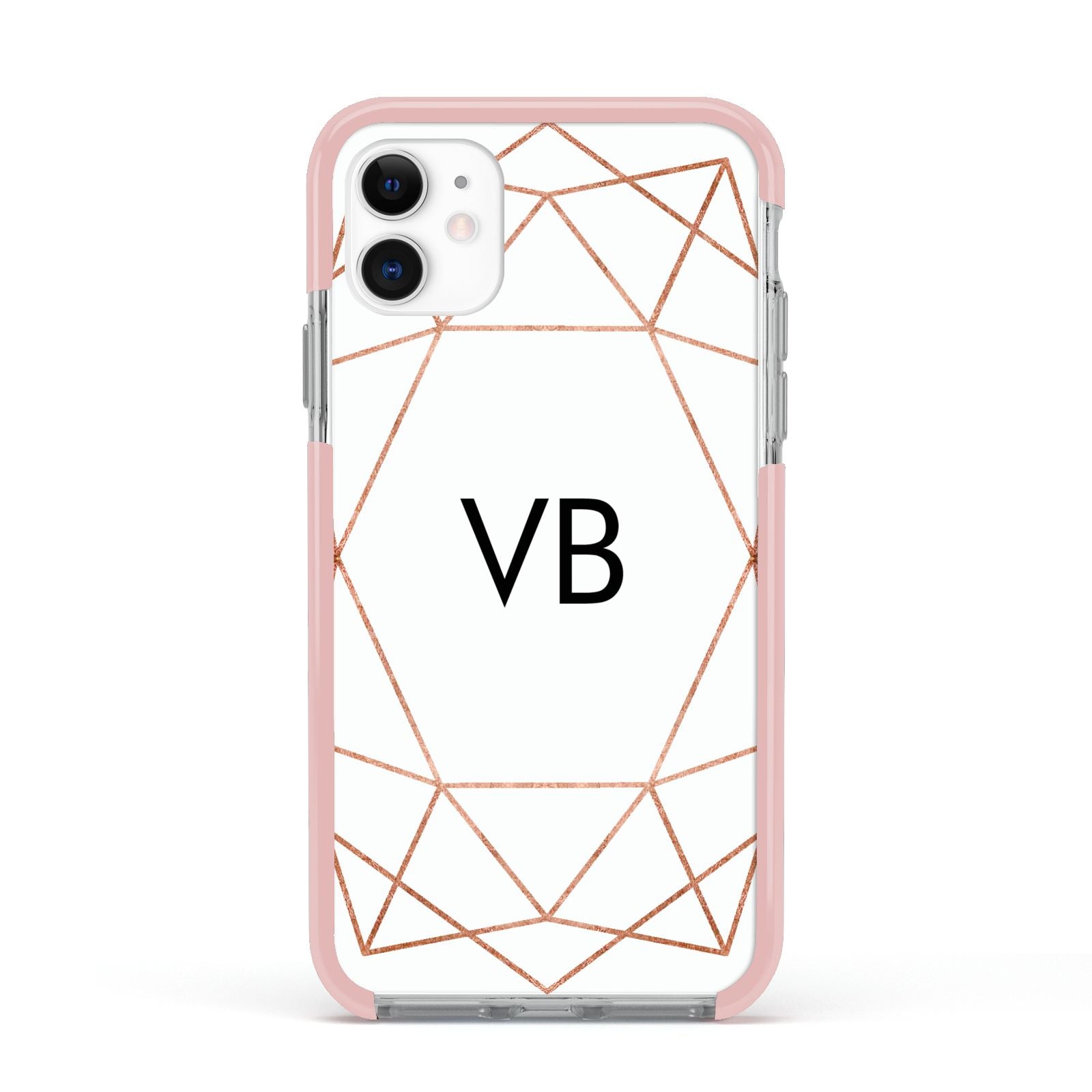 Personalised White Rose Gold Initials Geometric Apple iPhone 11 in White with Pink Impact Case