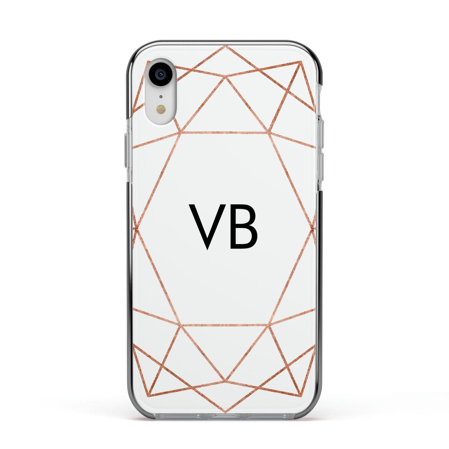 Personalised White Rose Gold Initials Geometric Apple iPhone XR Impact Case Black Edge on Silver Phone
