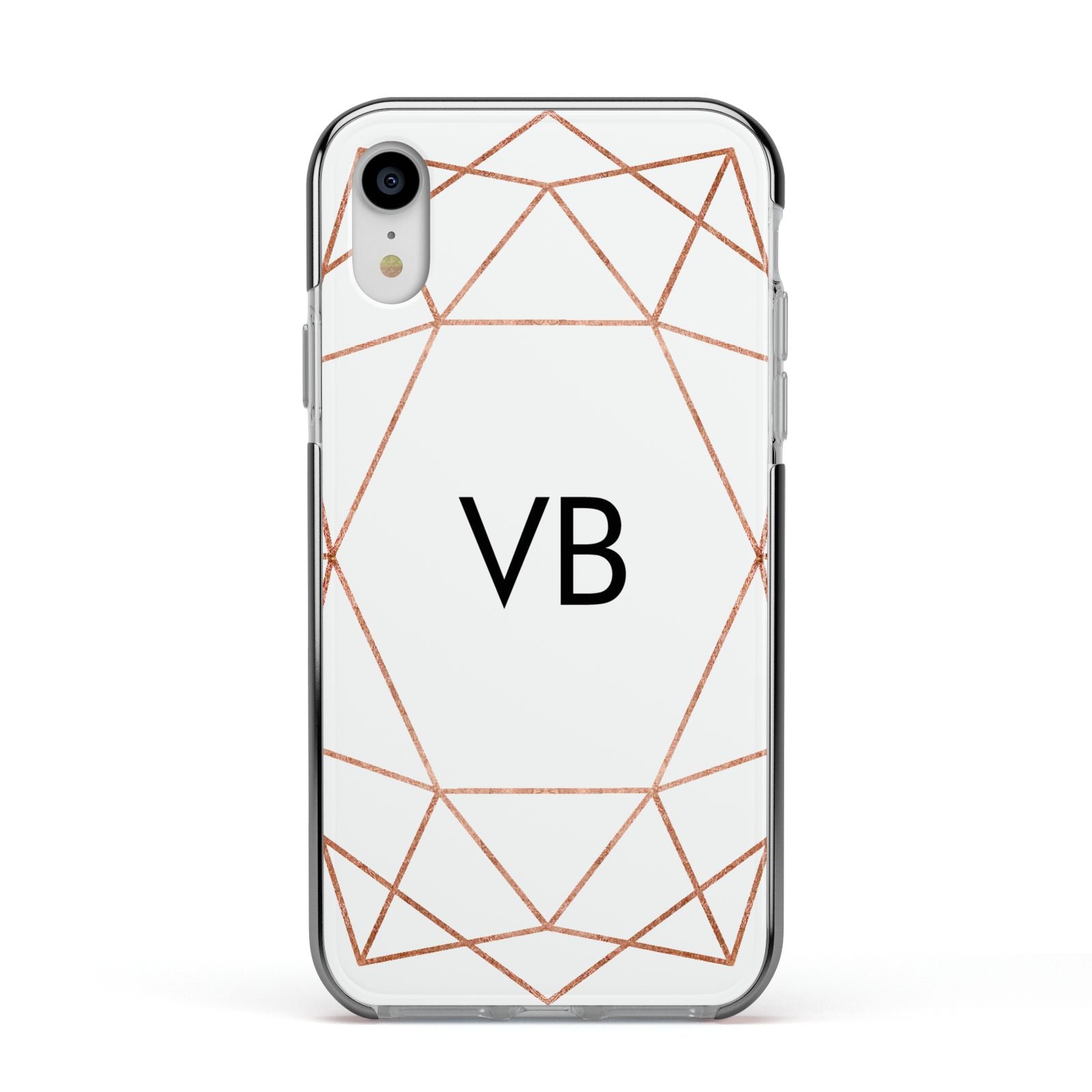 Personalised White Rose Gold Initials Geometric Apple iPhone XR Impact Case Black Edge on Silver Phone